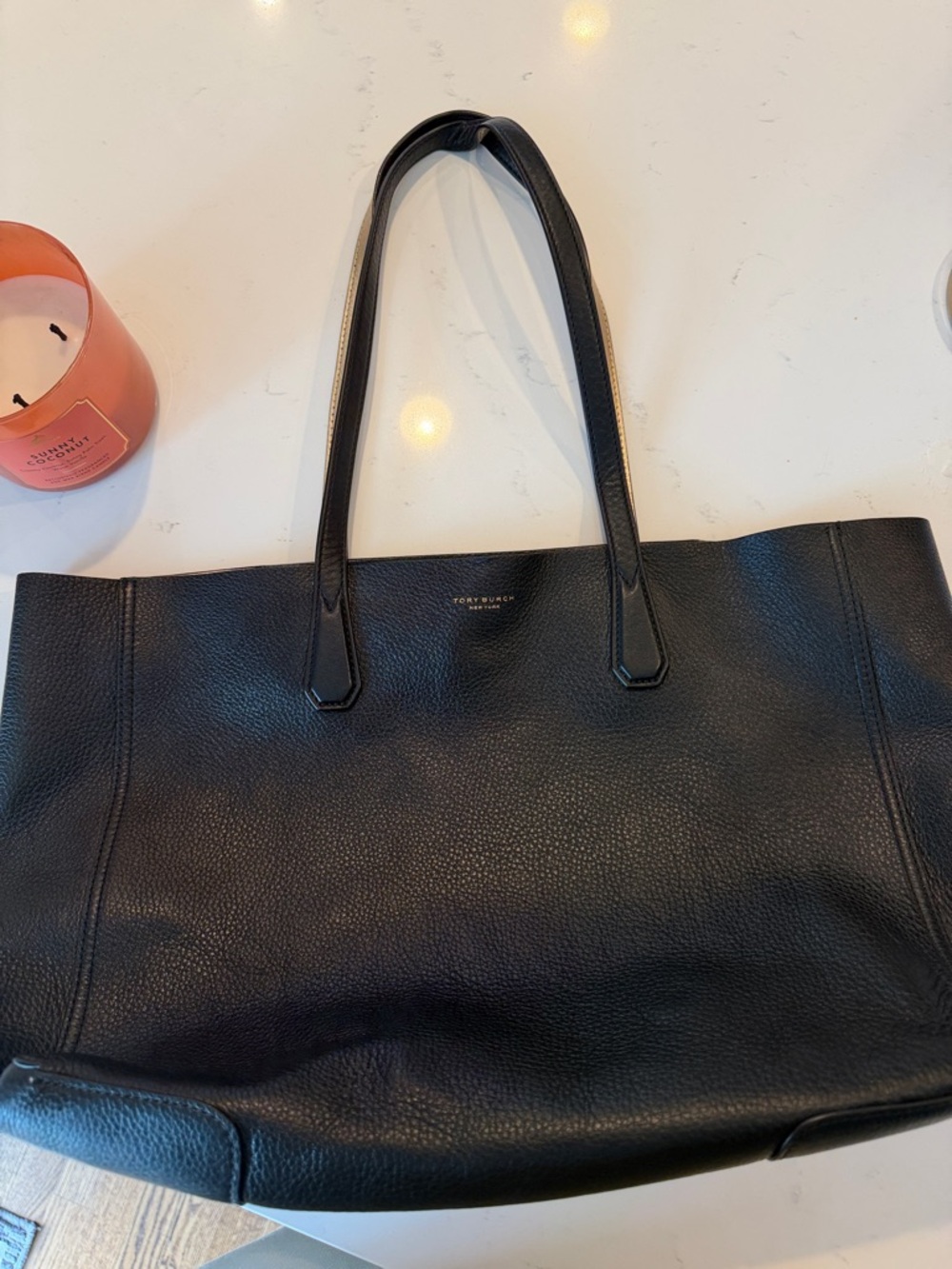 Tory Burch Black Pebbled Leather Tote with Tan Trim
